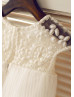 Sheer Beaded Neck Ivory Pleated Organza Curly Hem Flower Girl Dress
